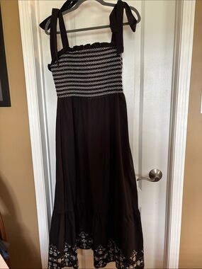 Black Maxi Dress with Smocked Bodice and Tie Straps